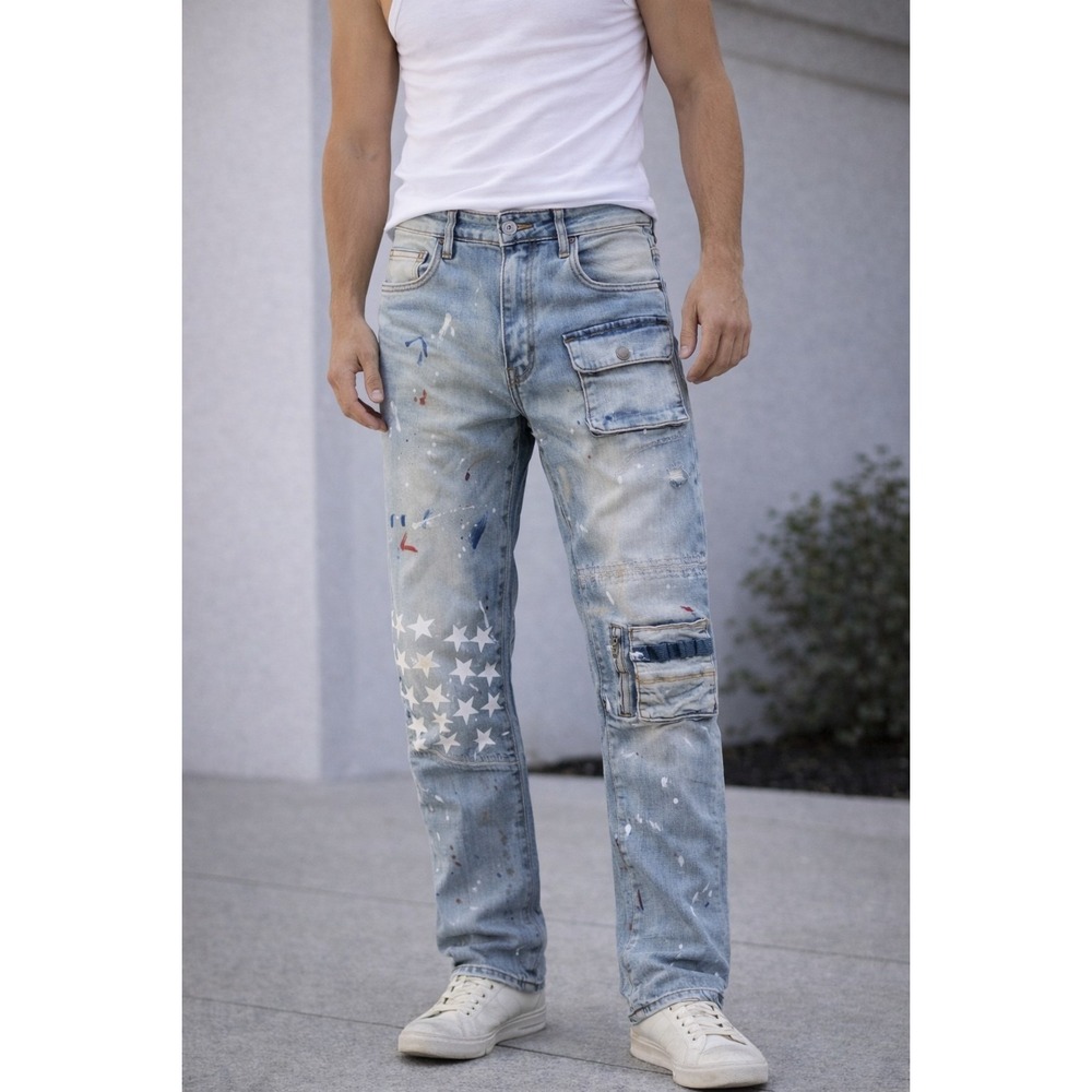 Crysp Denim Men's Skinny Jeans Light Wash 36 Star Paint Splatter Cargo NWOT